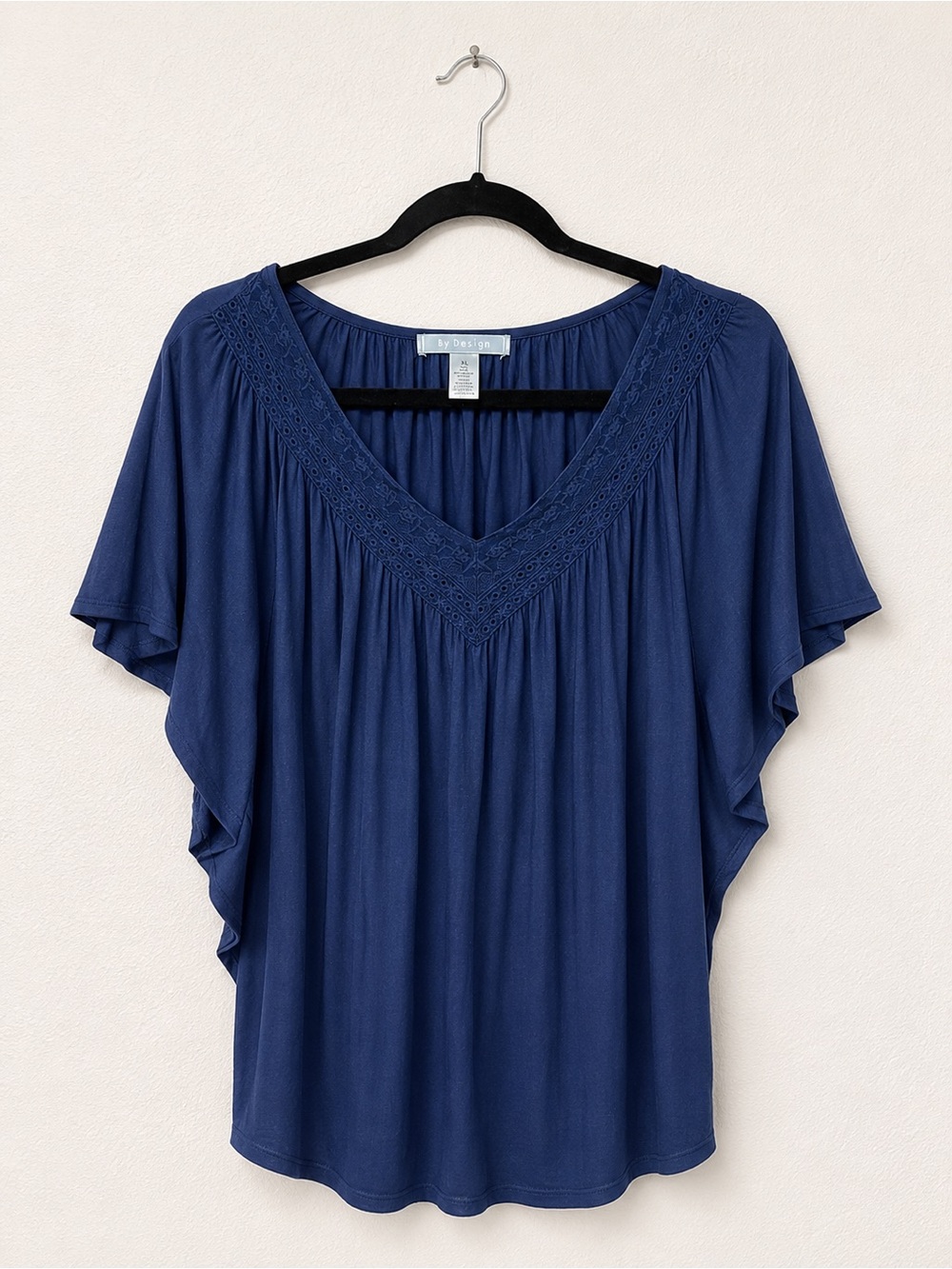 By Design Navy V-Neck Embroidered Flutter-Sleeve Blouse